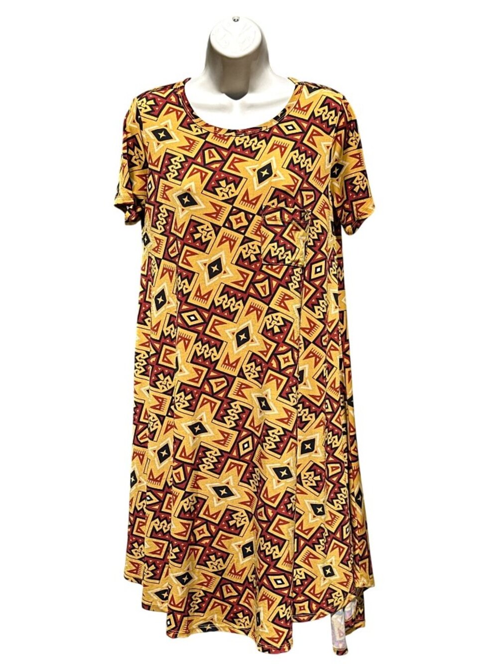 LuLaRoe XS Mustard Burgundy Carly Geometric High Low Boho Swing Dress Southwest